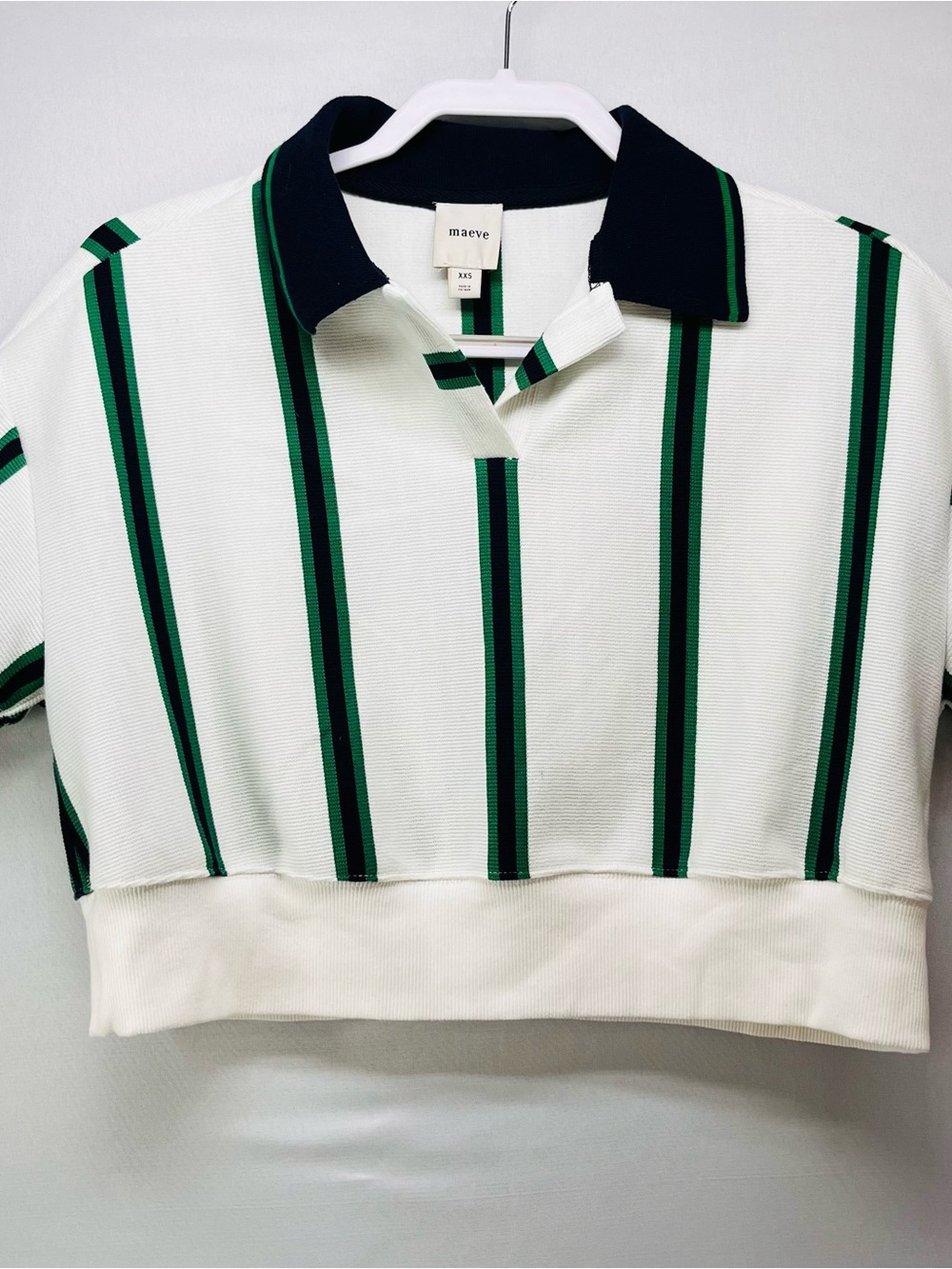 Maeve Navy, Green & White Striped Cropped Polo
